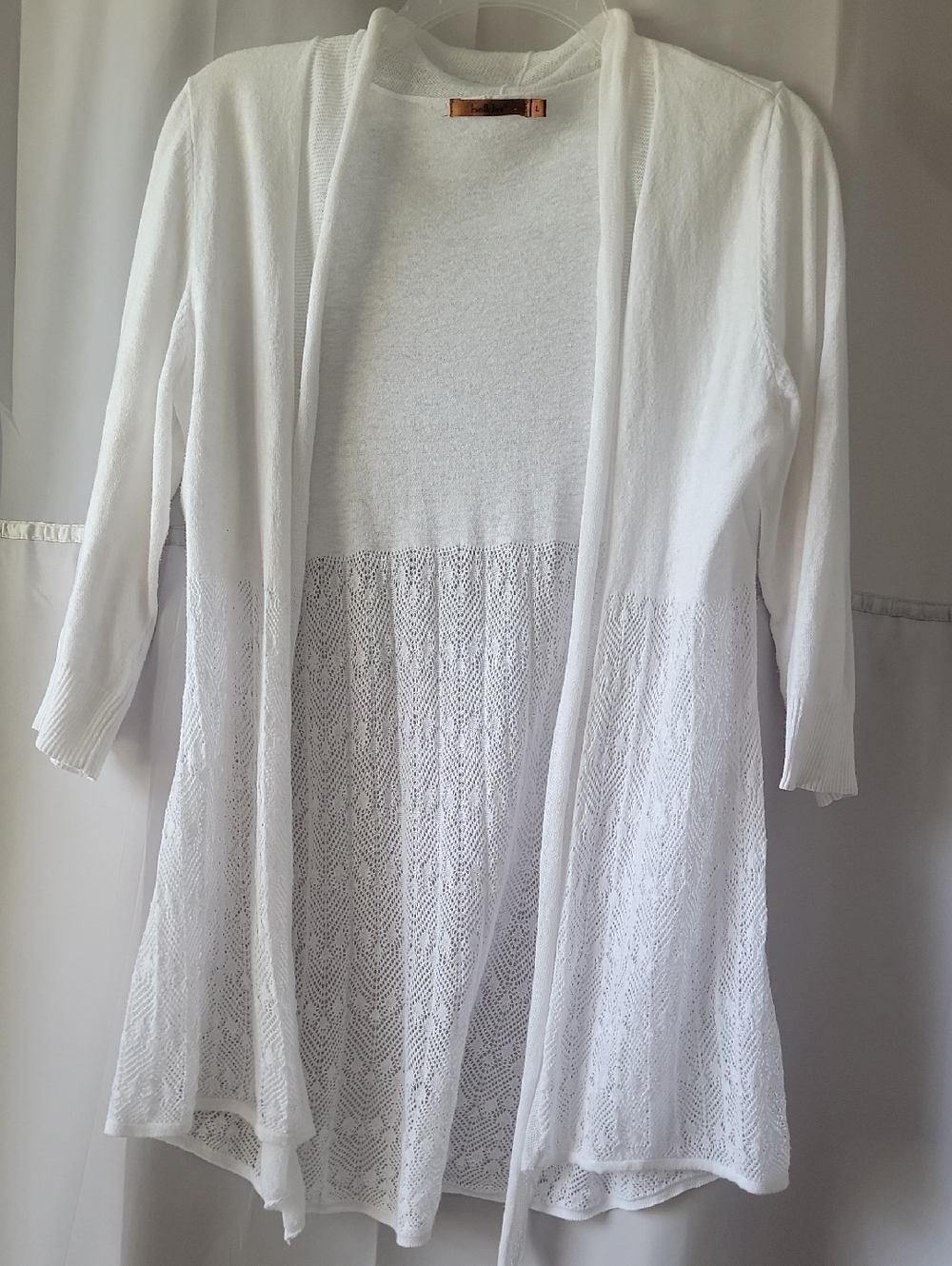 Belldini White Open-Front Lace Panel Cardigan, Size L